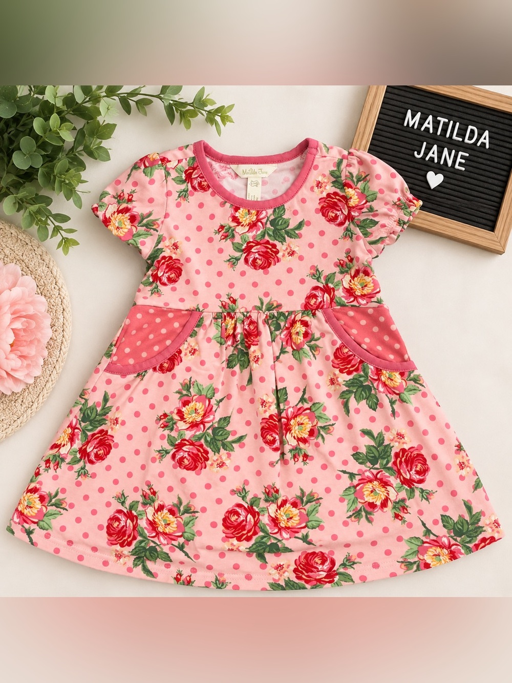 Matilda Jane Girls 18-24M Pink Floral Rose Polka Dot Dress Play